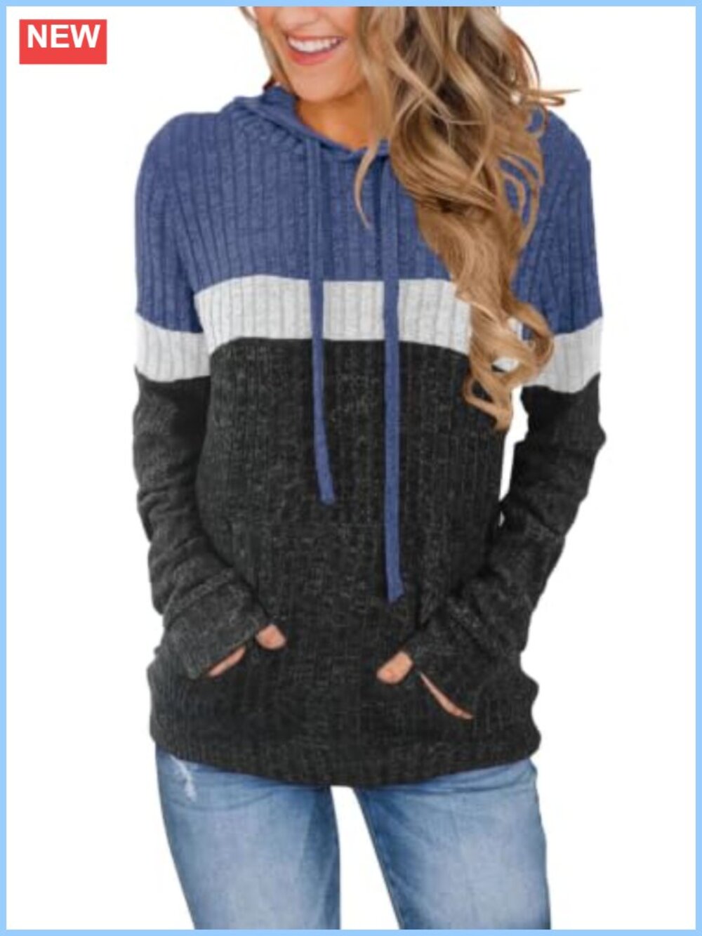 Women's Color Block Ribbed Knit Hoodie Pullover Sweater with Front Pockets
